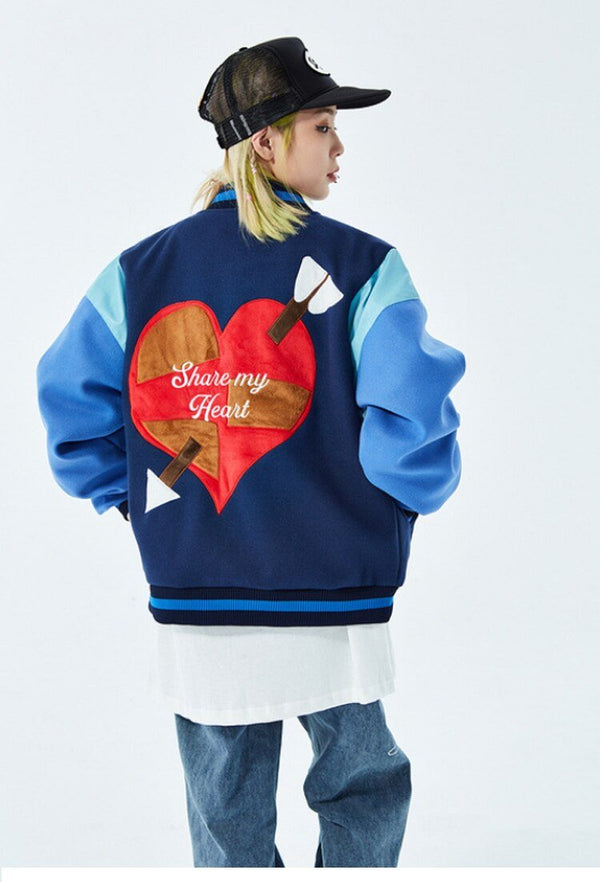 Bomber Jacket Men Letter Embroidery Heart-shaped Patch Patchwork Baseball Coat Retro Hip Hop Fashion Varsity Jacket Men - Vimost Shop