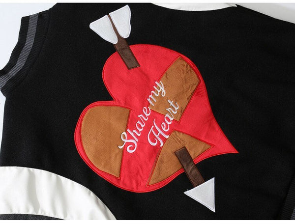 Bomber Jacket Men Letter Embroidery Heart-shaped Patch Patchwork Baseball Coat Retro Hip Hop Fashion Varsity Jacket Men - Vimost Shop