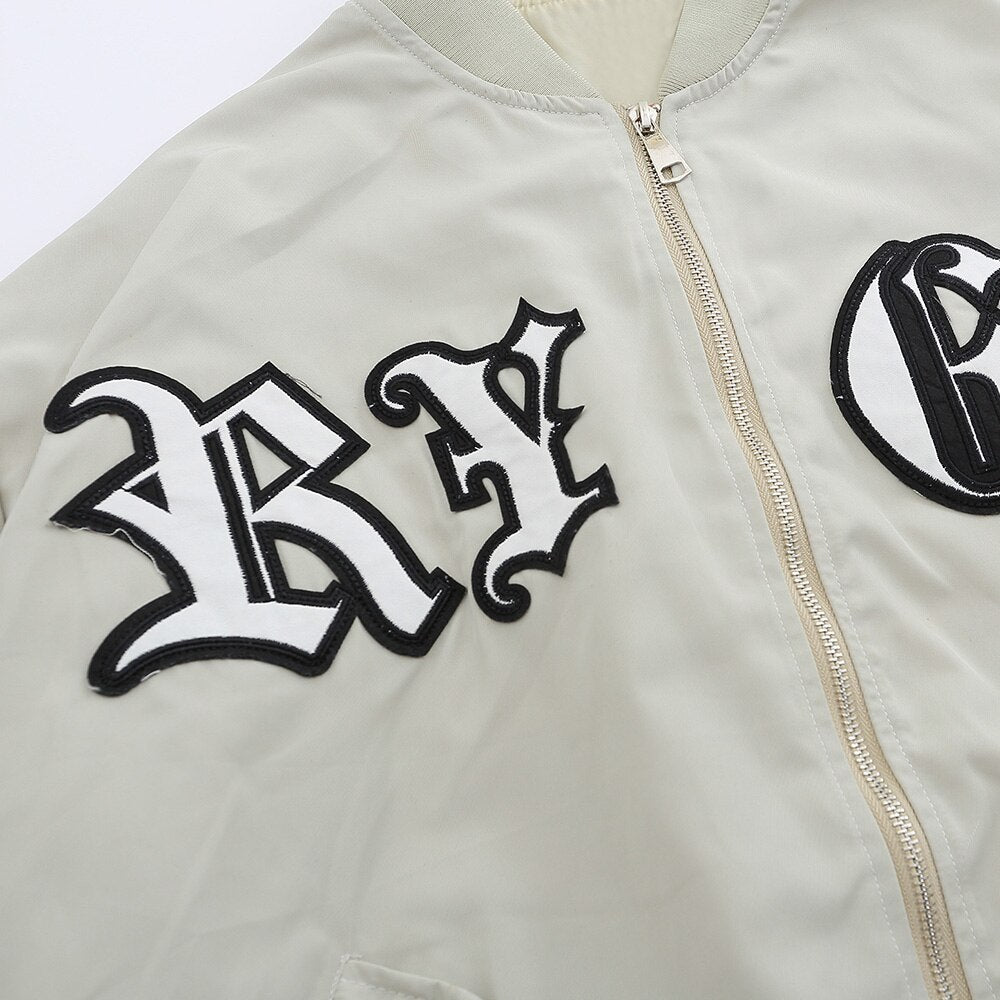 Bomber Jacket Men Punk Letter Patch Pleated Cargo Coats Autumn Simple High Street Vintage Baggy Baseball Outwear Couple - Vimost Shop