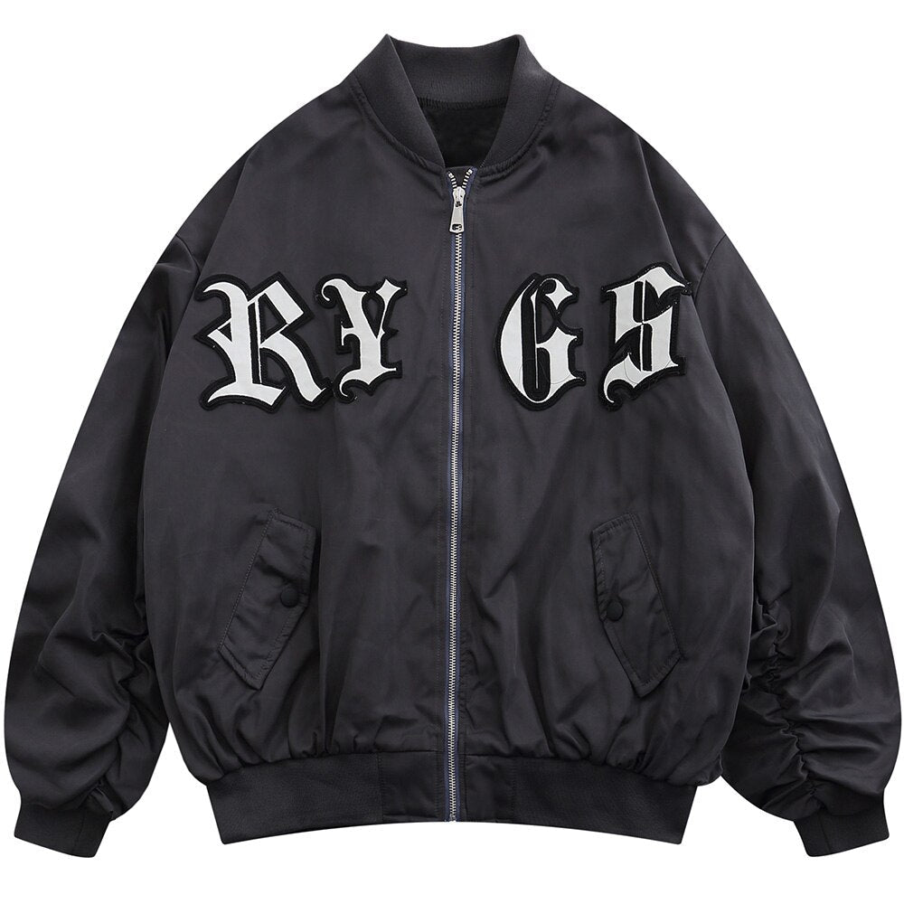Bomber Jacket Men Punk Letter Patch Pleated Cargo Coats Autumn Simple High Street Vintage Baggy Baseball Outwear Couple - Vimost Shop