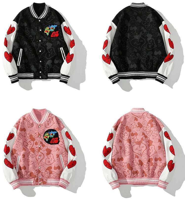Bomber Jackets Men Furry Heart-shaped Patch Leather Patchwork Baseball Coats Vintage Varsity Fashion Streetwear Couple - Vimost Shop
