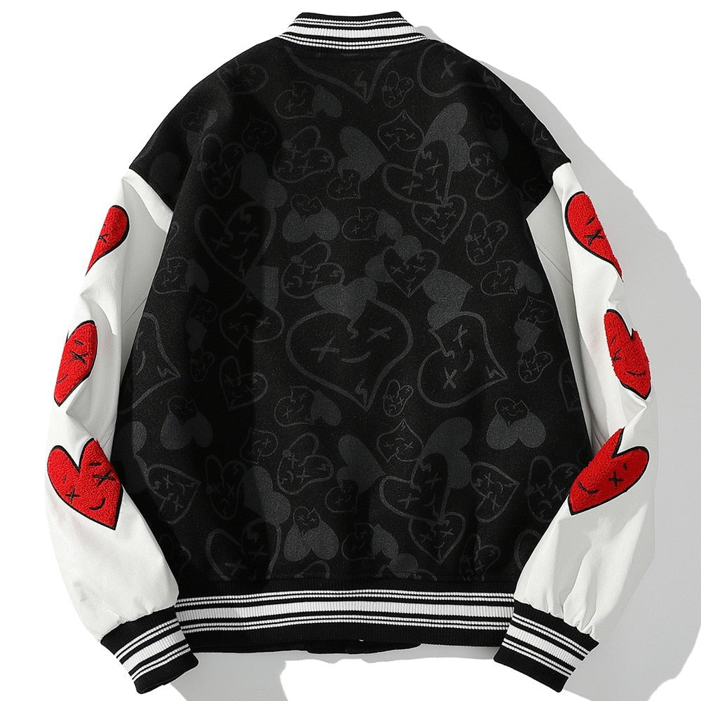 Bomber Jackets Men Furry Heart-shaped Patch Leather Patchwork Baseball Coats Vintage Varsity Fashion Streetwear Couple - Vimost Shop