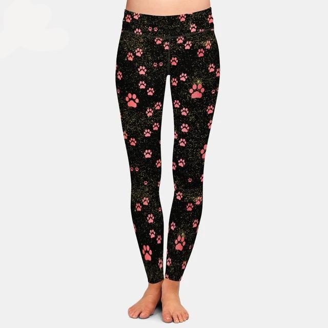 Brands Fashion High Waist Women Black Leggings Dog Paw Pattern - Vimost Shop