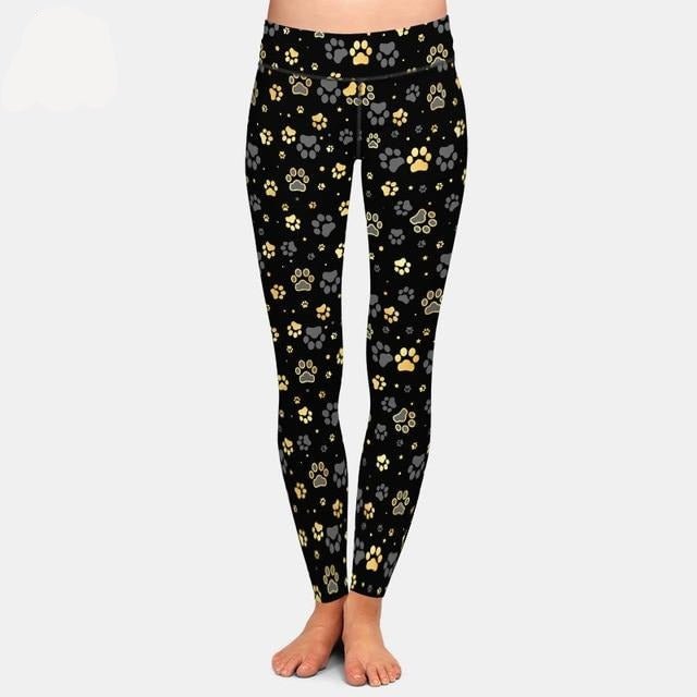 Brands Fashion High Waist Women Black Leggings Dog Paw Pattern - Vimost Shop