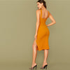 Bright Yellow Solid Split Hem Sexy Thick Strap Dress Without Belt Women Autumn Sleeveless Night Out Bodycon Dresses - Vimost Shop