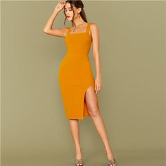 Bright Yellow Solid Split Hem Sexy Thick Strap Dress Without Belt Women Autumn Sleeveless Night Out Bodycon Dresses