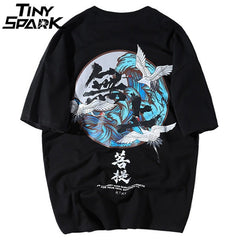 Buddha Crane Print T Shirts Mens Hip Hop T-Shirt Chinese Character Casual Tops Tees Summer Harajuku Streetwear Tshirt Black