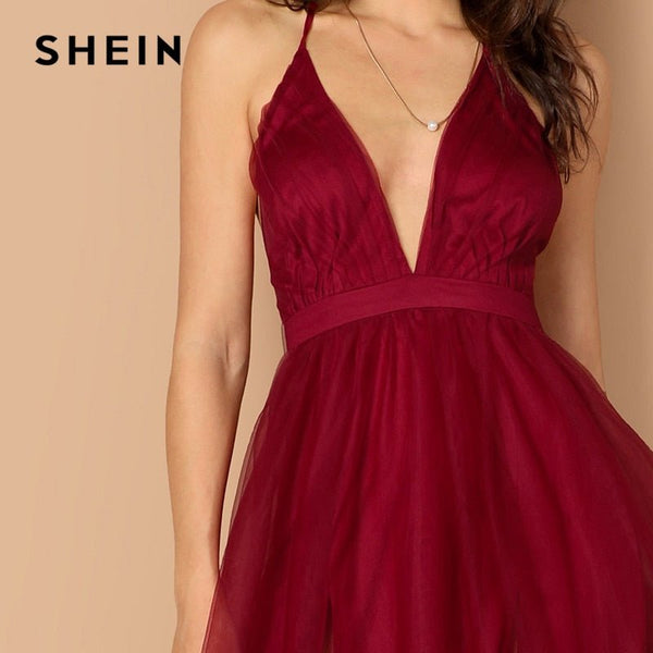 Burgundy Plunging Neck Crisscross Back Cami Dress Maxi Plain Sexy Night Out Dress Autumn Modern Lady Women Party Dresses - Vimost Shop