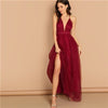 Burgundy Plunging Neck Crisscross Back Cami Dress Maxi Plain Sexy Night Out Dress Autumn Modern Lady Women Party Dresses - Vimost Shop