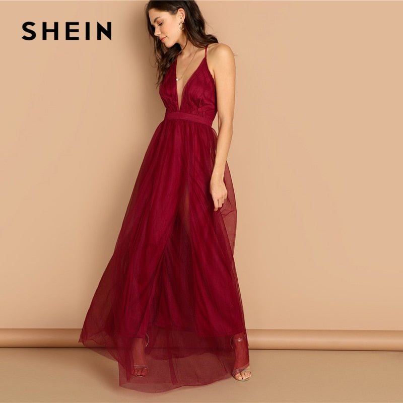Burgundy Plunging Neck Crisscross Back Cami Dress Maxi Plain Sexy Night Out Dress Autumn Modern Lady Women Party Dresses - Vimost Shop