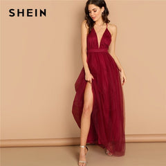 Burgundy Plunging Neck Crisscross Back Cami Dress Maxi Plain Sexy Night Out Dress Autumn Modern Lady Women Party Dresses