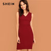 Burgundy Plunging Neck Pencil Dress Solid Sleeveless V Neck Bodycon Dress Elegant Party Autumn Modern Lady Women Dresses - Vimost Shop