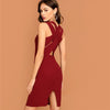 Burgundy Plunging Neck Pencil Dress Solid Sleeveless V Neck Bodycon Dress Elegant Party Autumn Modern Lady Women Dresses - Vimost Shop