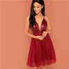 Burgundy Sexy Party Backless Sequin Detail Mesh Halter High Waist Solid Dress 2018 Summer Club Fashion Women Dresses - Vimost Shop