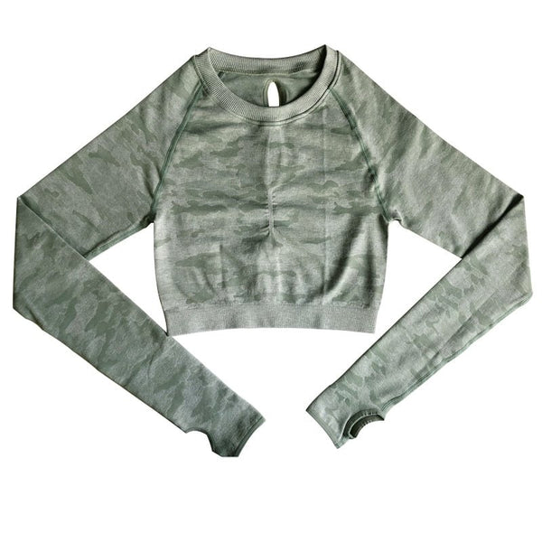 Camo Seamless O-Neck Shirts Women Gym Long Sleeves Running Sport Shirts Women Fitness Top Workout Tops - Vimost Shop