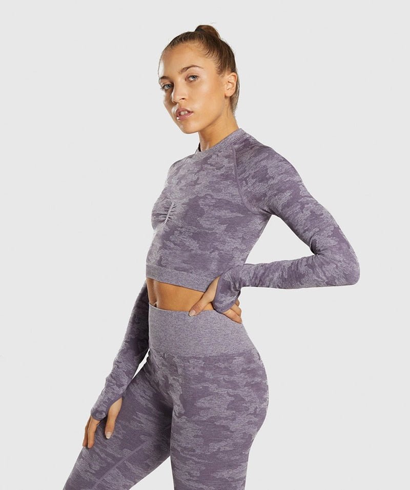Camo Seamless O-Neck Shirts Women Gym Long Sleeves Running Sport Shirts Women Fitness Top Workout Tops - Vimost Shop