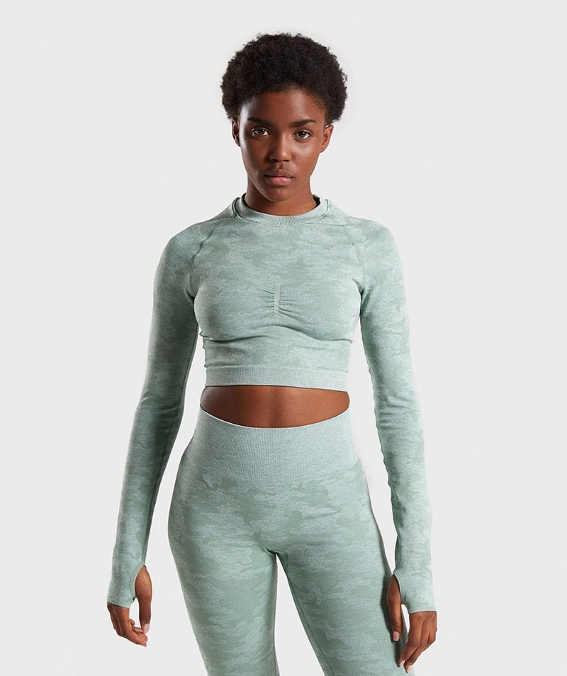 Camo Seamless O-Neck Shirts Women Gym Long Sleeves Running Sport Shirts Women Fitness Top Workout Tops - Vimost Shop
