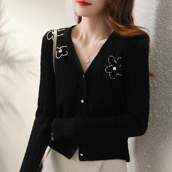 Cardigans For Women Beading Diamond Flower V-neck Autumn Outwear Cropped Tops - Vimost Shop