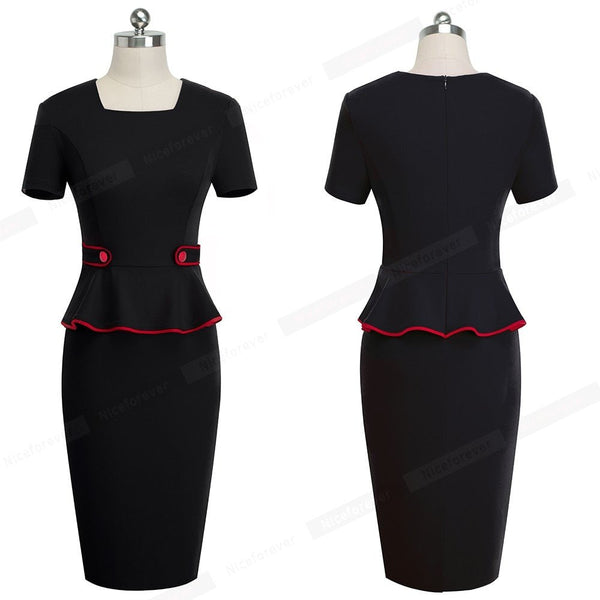 Career Women Pure Color Office Button vestidos Business Work Bodycon Sheath Peplum Female Dress - Vimost Shop