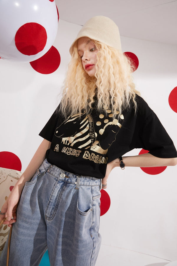 Cartoon Bronzing Print Casual T-Shirts Women Top Spring Polka Dot Contrast Lace Korean Ladies Basic Daily Tee - Vimost Shop