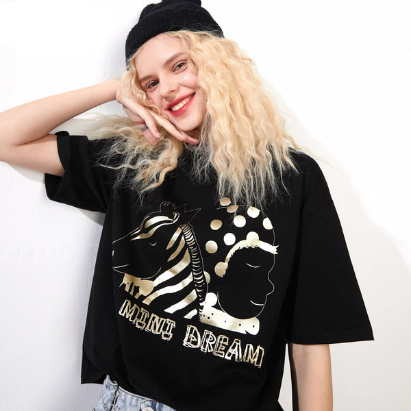 Cartoon Bronzing Print Casual T-Shirts Women Top Spring Polka Dot Contrast Lace Korean Ladies Basic Daily Tee - Vimost Shop