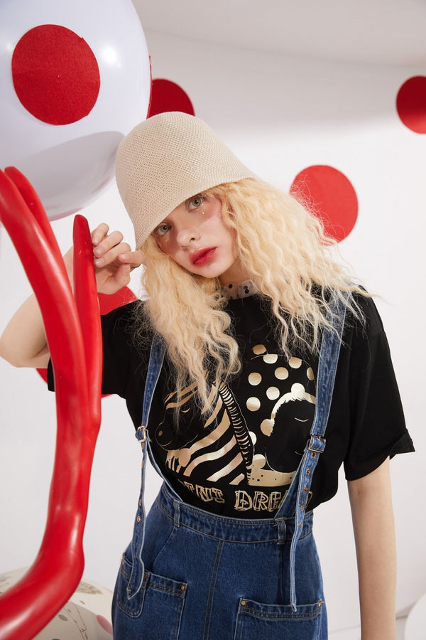 Cartoon Bronzing Print Casual T-Shirts Women Top Spring Polka Dot Contrast Lace Korean Ladies Basic Daily Tee - Vimost Shop