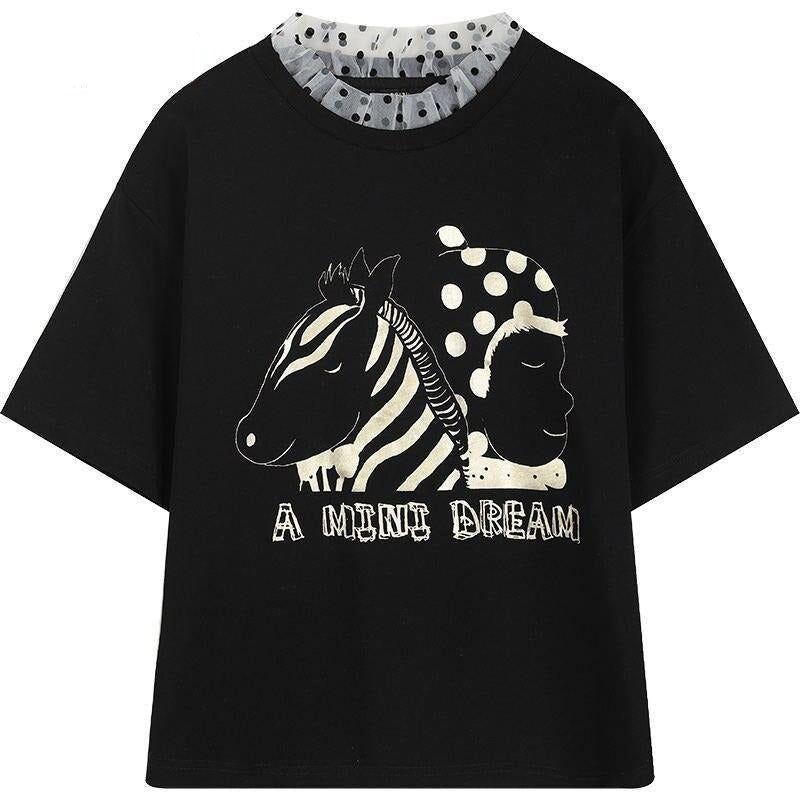 Cartoon Bronzing Print Casual T-Shirts Women Top Spring Polka Dot Contrast Lace Korean Ladies Basic Daily Tee - Vimost Shop