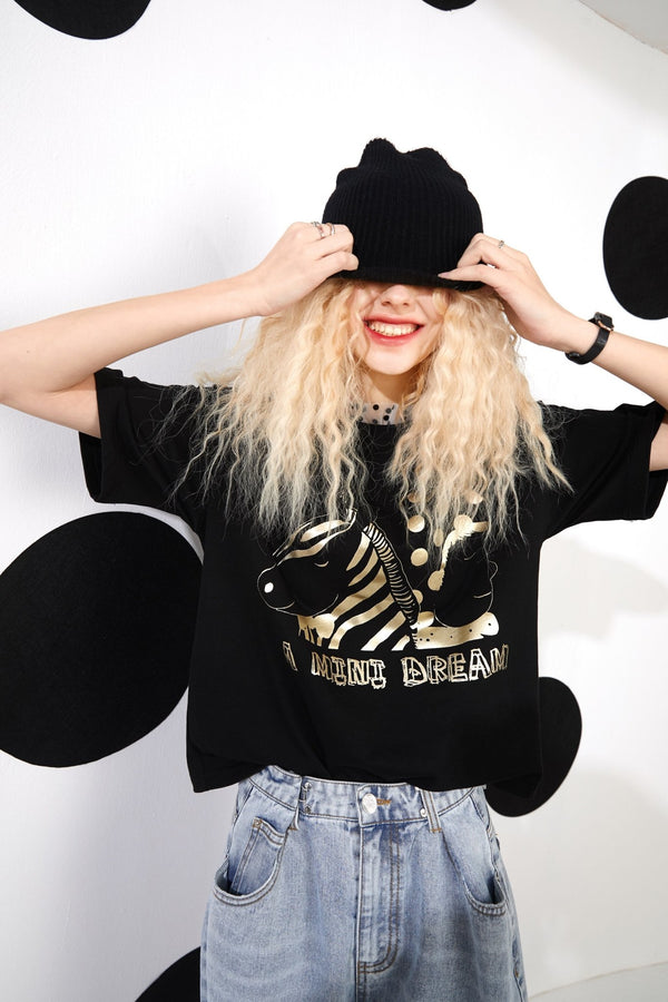Cartoon Bronzing Print Casual T-Shirts Women Top Spring Polka Dot Contrast Lace Korean Ladies Basic Daily Tee - Vimost Shop