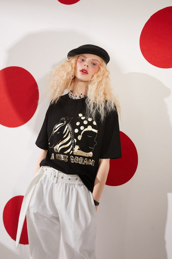 Cartoon Bronzing Print Casual T-Shirts Women Top Spring Polka Dot Contrast Lace Korean Ladies Basic Daily Tee - Vimost Shop