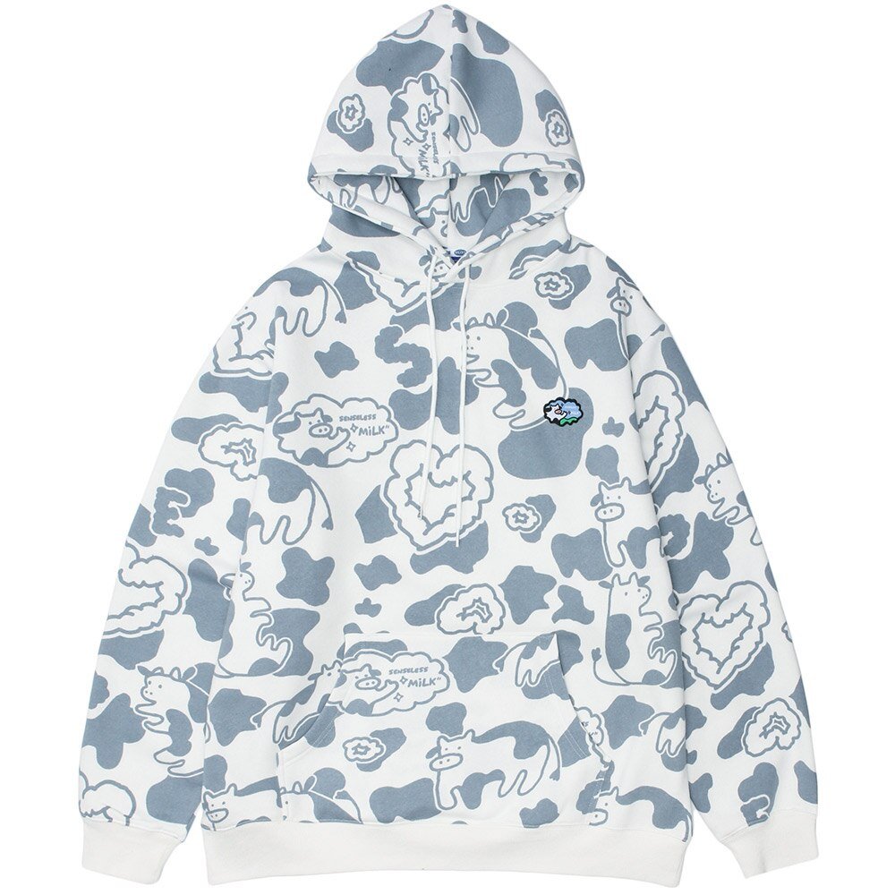 Cartoon Cow Embroidery Color Block Print Hoodie Men Loose Casual Harajuku Cute College Style Pullover Couple Streetwear - Vimost Shop