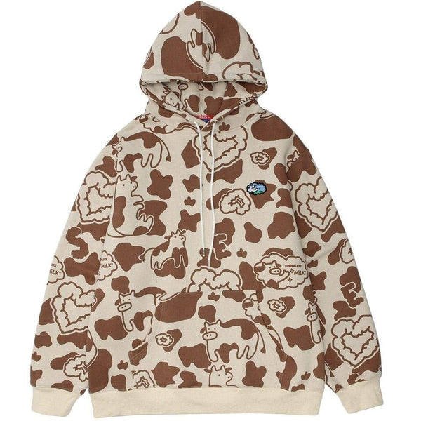 Cartoon Cow Embroidery Color Block Print Hoodie Men Loose Casual Harajuku Cute College Style Pullover Couple Streetwear - Vimost Shop