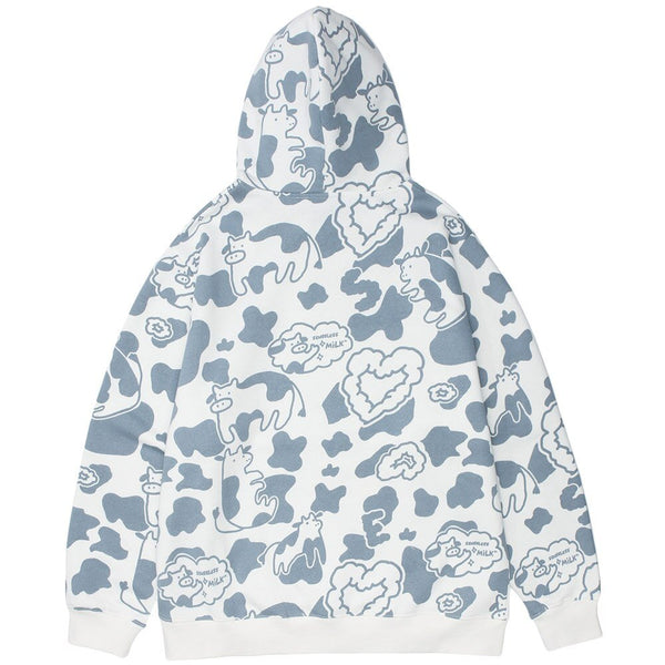 Cartoon Cow Embroidery Color Block Print Hoodie Men Loose Casual Harajuku Cute College Style Pullover Couple Streetwear - Vimost Shop