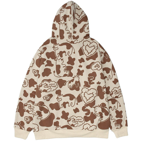 Cartoon Cow Embroidery Color Block Print Hoodie Men Loose Casual Harajuku Cute College Style Pullover Couple Streetwear - Vimost Shop