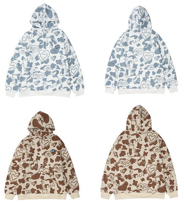 Cartoon Cow Embroidery Color Block Print Hoodie Men Loose Casual Harajuku Cute College Style Pullover Couple Streetwear - Vimost Shop