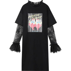 Cartoon Graphic Contrast Lace High Waist Casual Dress Women ,Summer ELF Vintage Chic Korean Female Daily Dresses