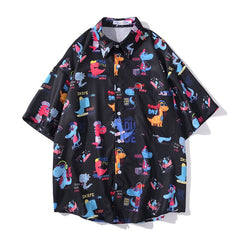 Cartoon Print Shirt Hawaiian Casual Beach Shirts Summer Hip Hop Street Short Sleeve Tops Tees Korean Shirt