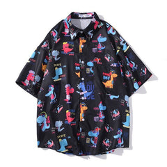 Cartoon Print Shirt Hawaiian Casual Beach Shirts Summer Hip Hop Street Short Sleeve Tops Tees Korean Shirt
