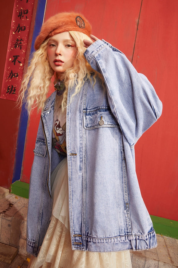 Cartoon Print Single Breasted Oversize Women Denim Jacket,Spring ELF Full Sleeve Casual Korean Ladies,Daily Outwear - Vimost Shop