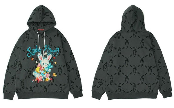 Cartoon Watercolor Rabbit Carrot Printed Hoodie Men Hooded Baggy Retro Fashion Hip Hop Style Pullover Autumn Streetwear - Vimost Shop