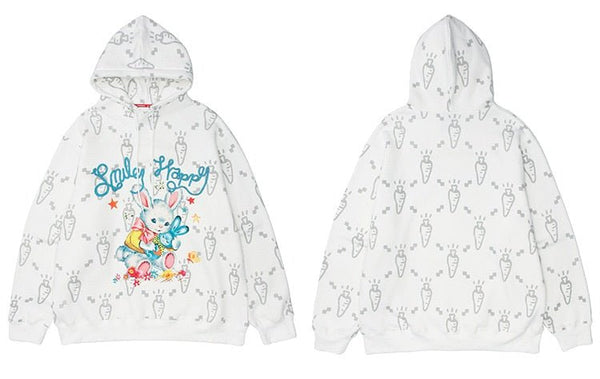 Cartoon Watercolor Rabbit Carrot Printed Hoodie Men Hooded Baggy Retro Fashion Hip Hop Style Pullover Autumn Streetwear - Vimost Shop