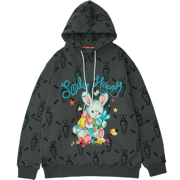 Cartoon Watercolor Rabbit Carrot Printed Hoodie Men Hooded Baggy Retro Fashion Hip Hop Style Pullover Autumn Streetwear - Vimost Shop