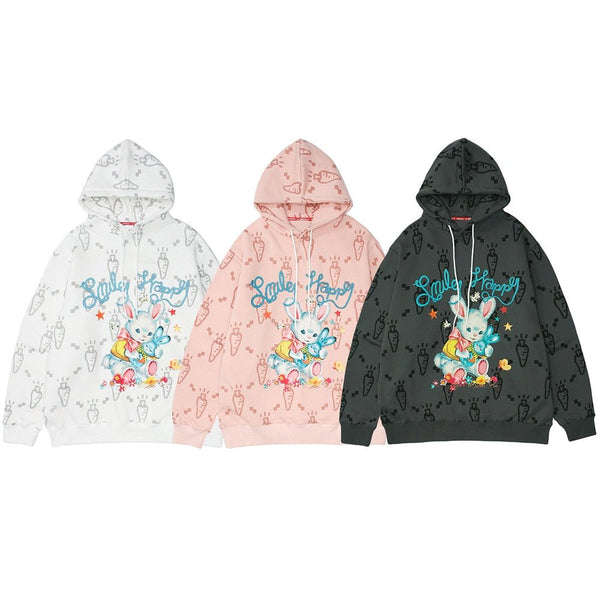Cartoon Watercolor Rabbit Carrot Printed Hoodie Men Hooded Baggy Retro Fashion Hip Hop Style Pullover Autumn Streetwear - Vimost Shop