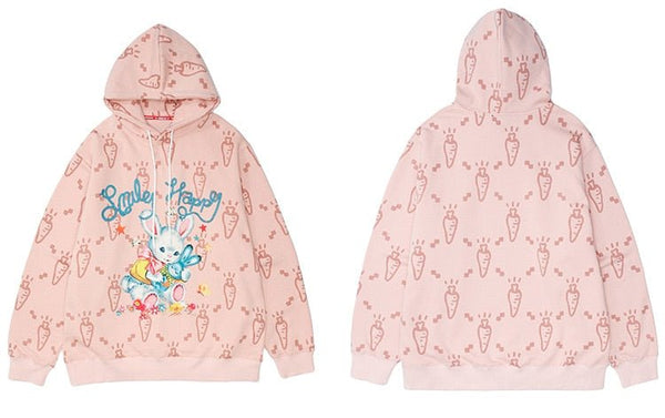 Cartoon Watercolor Rabbit Carrot Printed Hoodie Men Hooded Baggy Retro Fashion Hip Hop Style Pullover Autumn Streetwear - Vimost Shop