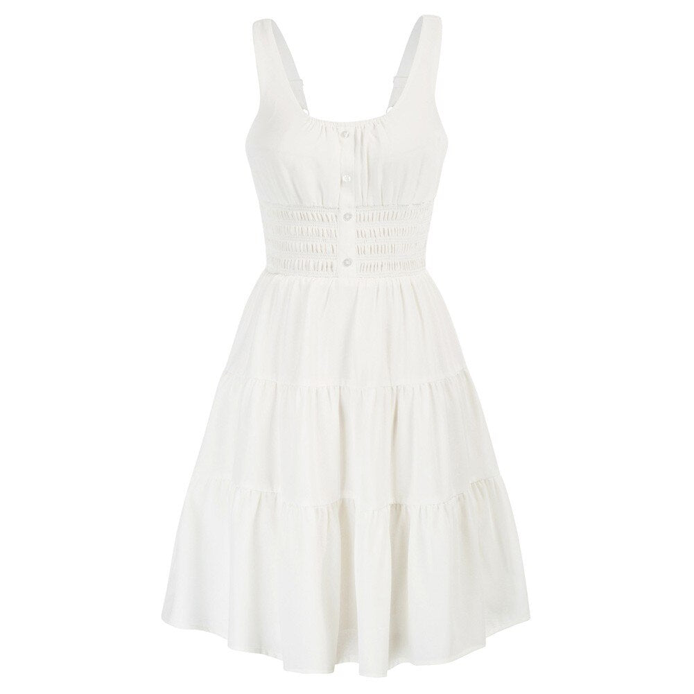 Casual Dresses Women Square Neck Short Dress Sexy Elegant Wide Straps Smocked Tiered Pure Color Pleated Summer Lady A-Line Dress - Vimost Shop
