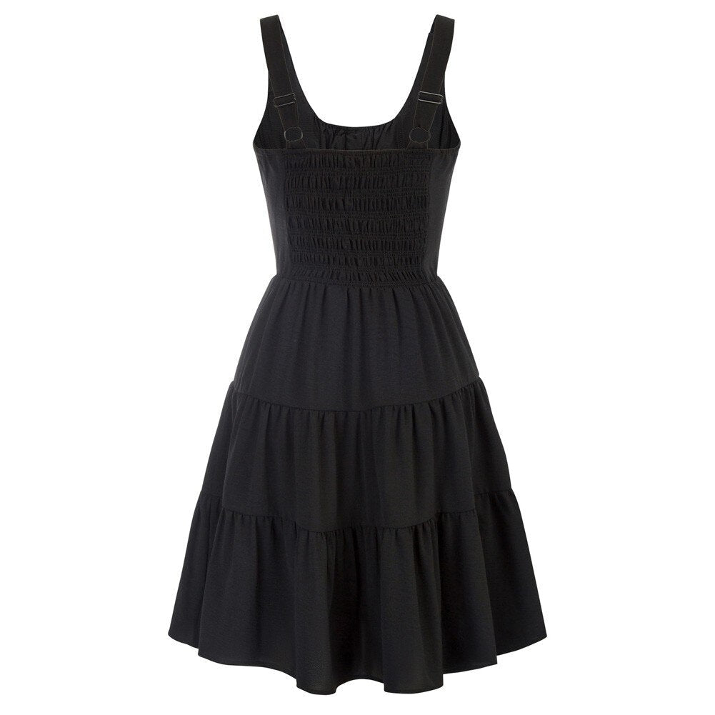 Casual Dresses Women Square Neck Short Dress Sexy Elegant Wide Straps Smocked Tiered Pure Color Pleated Summer Lady A-Line Dress - Vimost Shop