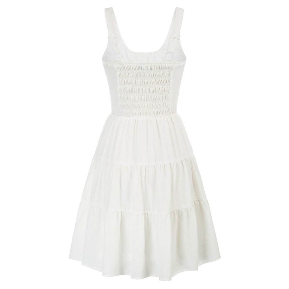 Casual Dresses Women Square Neck Short Dress Sexy Elegant Wide Straps Smocked Tiered Pure Color Pleated Summer Lady A-Line Dress - Vimost Shop