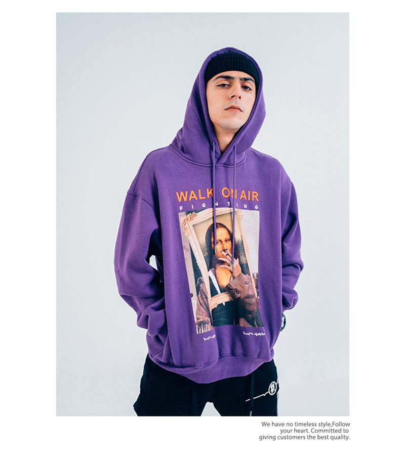 Casual Funny Mona Lisa Smoking Print Yellow Hoodies Tops Hip Hop Sweatshirts Pullover Hooded Streetwear Fleece Hoodie - Vimost Shop