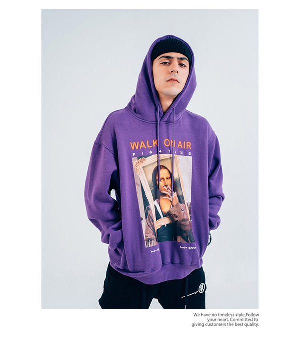 Casual Funny Mona Lisa Smoking Print Yellow Hoodies Tops Hip Hop Sweatshirts Pullover Hooded Streetwear Fleece Hoodie - Vimost Shop
