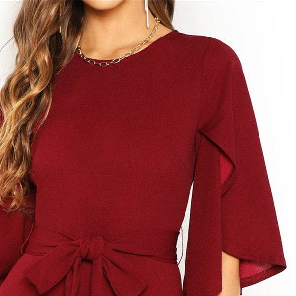 Casual Round Neck Flutter Sleeve Self Belted Pencil Dress Autumn Modern Lady Casual Women Dresses - Vimost Shop