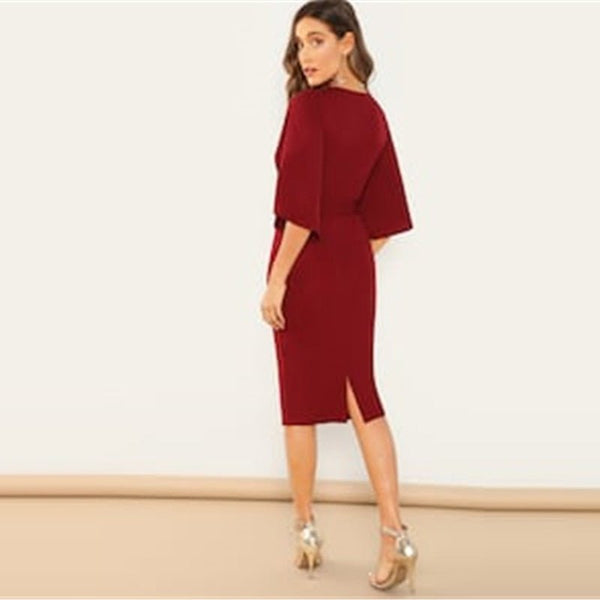 Casual Round Neck Flutter Sleeve Self Belted Pencil Dress Autumn Modern Lady Casual Women Dresses - Vimost Shop